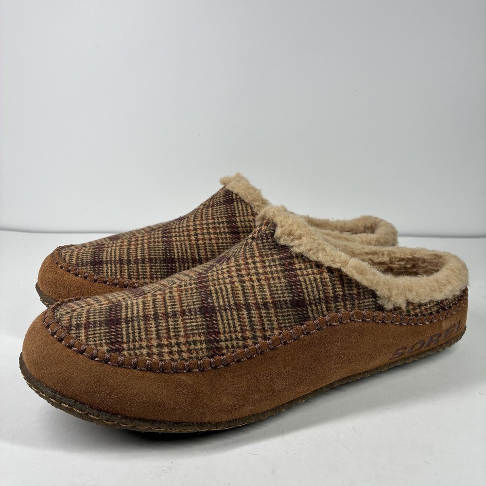 SOREL Lanner Ridge Men's 14 Elk Brown Plaid Suede Faux Fur-Lined Slippers NM4994